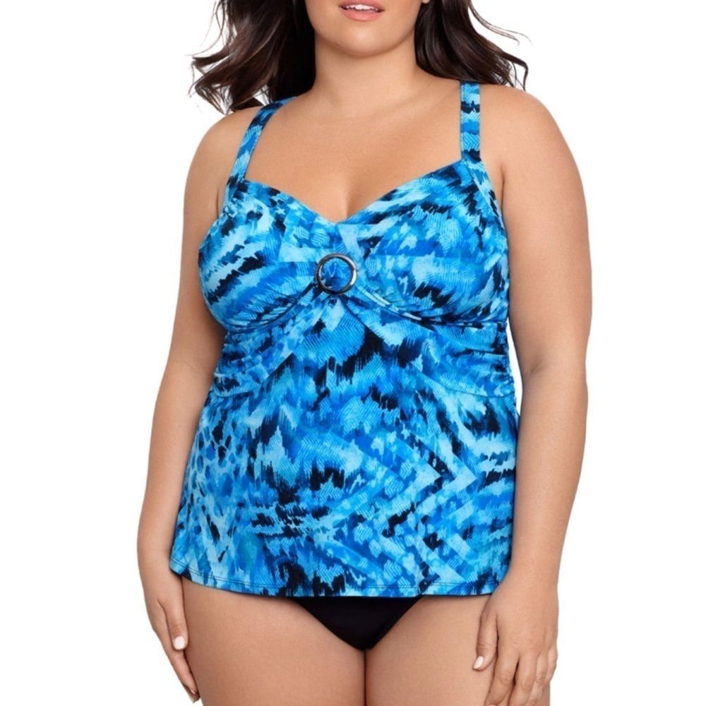 Trimshaper Cara Tankini Top in Blue and Black Print